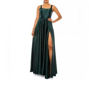 B. Darlin (Macy’s) emerald green, satin, open back dress